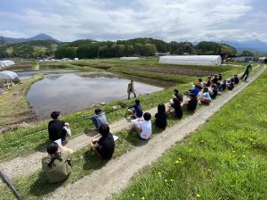 田んぼの説明を受ける5年生