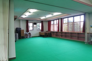 2階の緑色のカーペットが敷かれた会議室。仕切をとれば大広間と一緒に使えます。