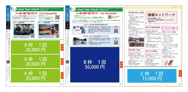 広報紙広告掲載場所の図　情報ネットワーク下段と裏表紙下段