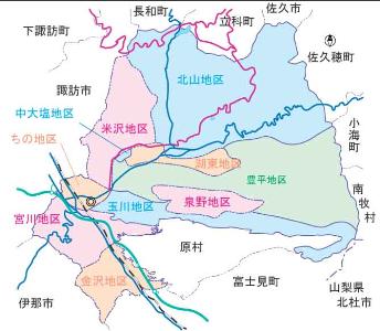 10地区に分けた茅野市の市域、主な道路、隣接する市町村などを記載しています。