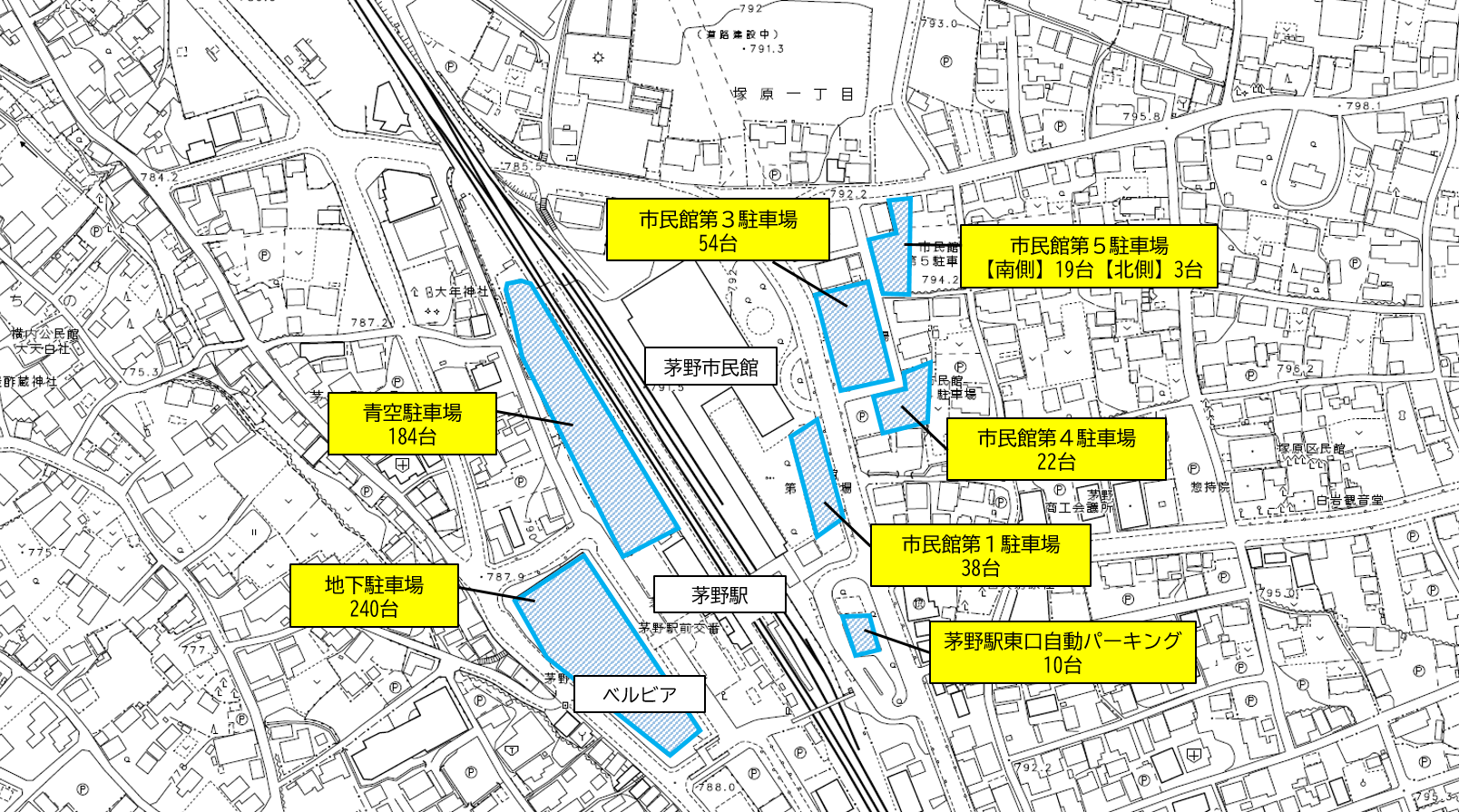 茅野駅周辺の市営駐車場の案内図