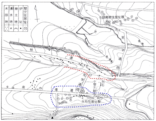 昭和24年（1949年）の尖石と与助尾根の集落見取り図画像