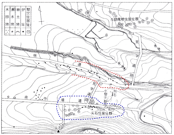 昭和24年（1949年）の尖石と与助尾根の集落見取り図画像